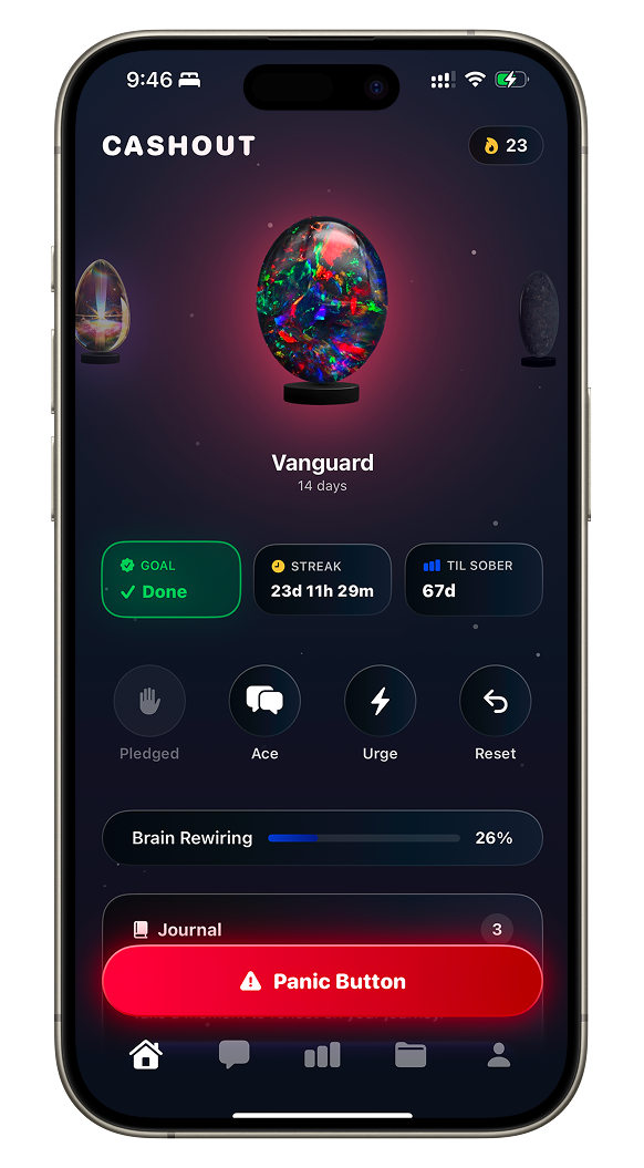 CashOut home screen showing a glowing milestone opal, streak timer, and panic button