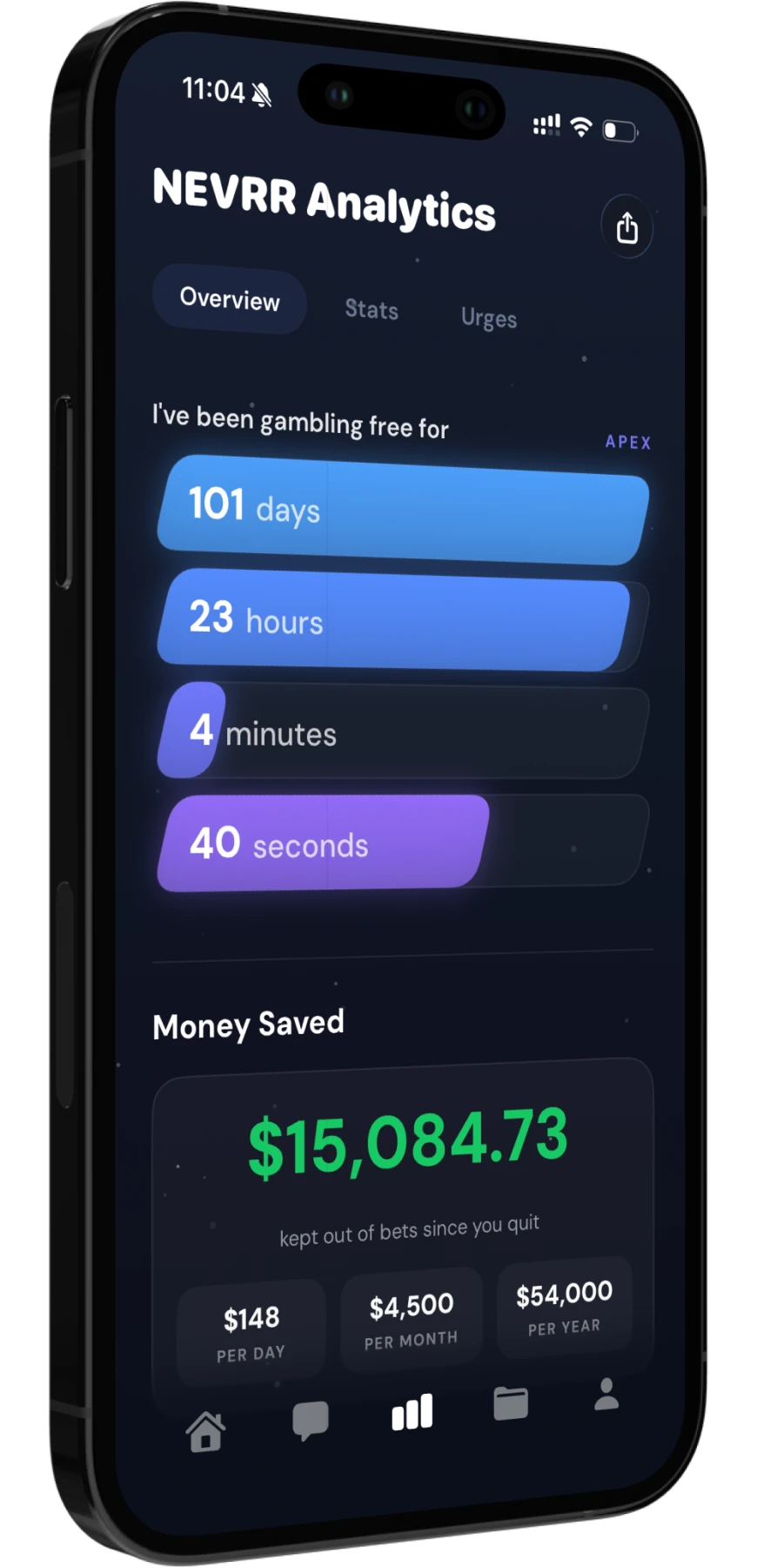 NEVRR analytics showing clean days and money saved