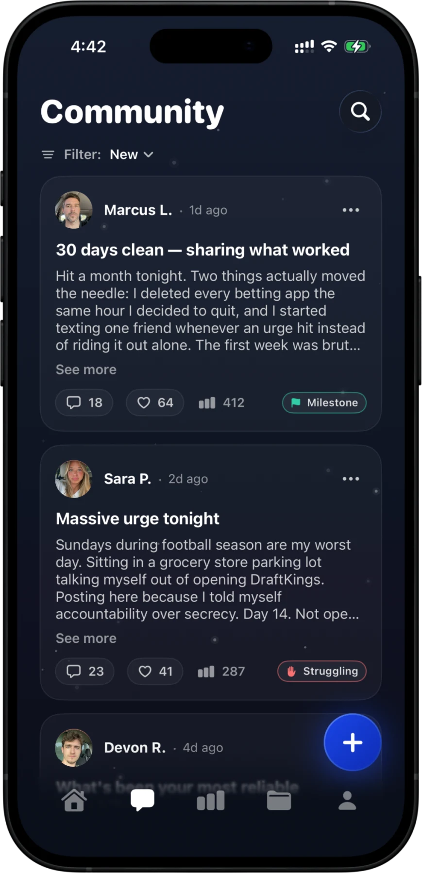NEVRR community feed where members share milestones and ask for support