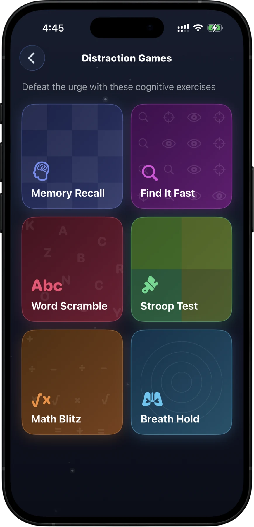 Six distraction games in NEVRR, including Memory Recall and Breath Hold