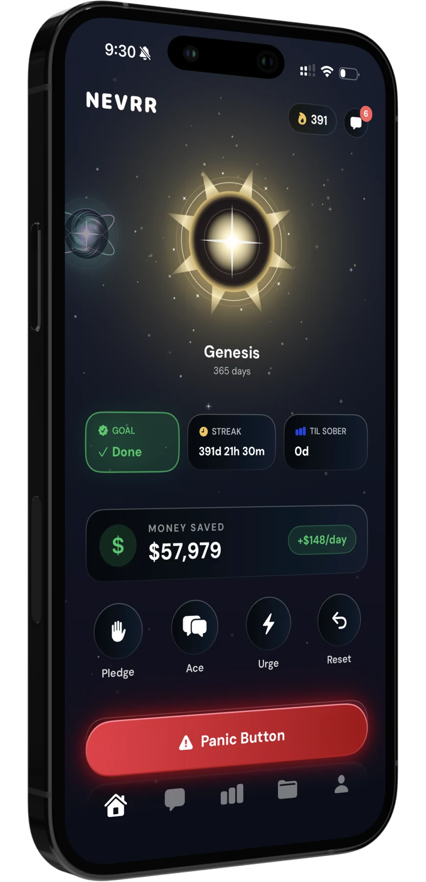 NEVRR recovery dashboard with a Genesis milestone, clean-day streak, and money saved