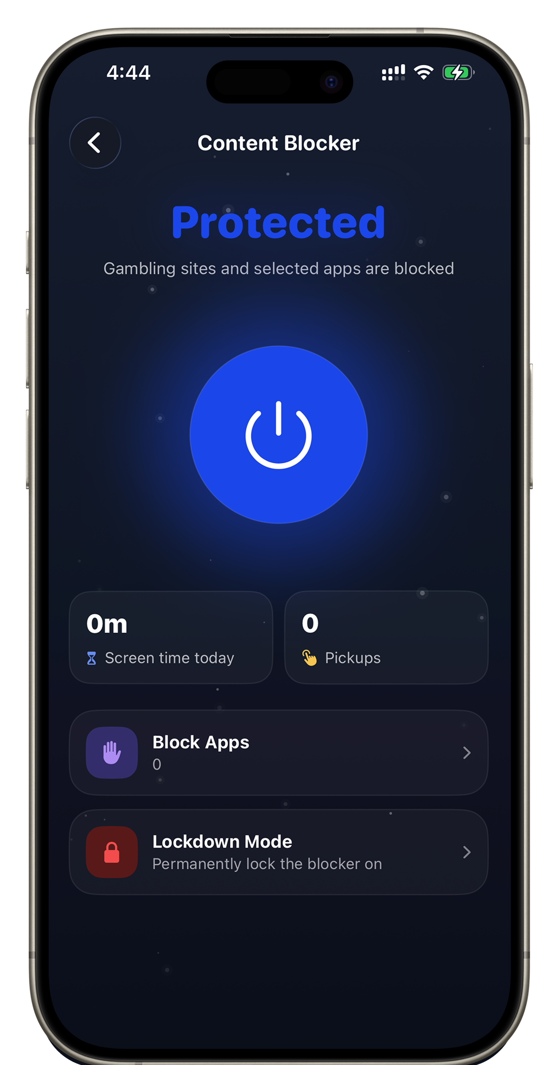 CashOut Content Blocker screen with gambling protection active