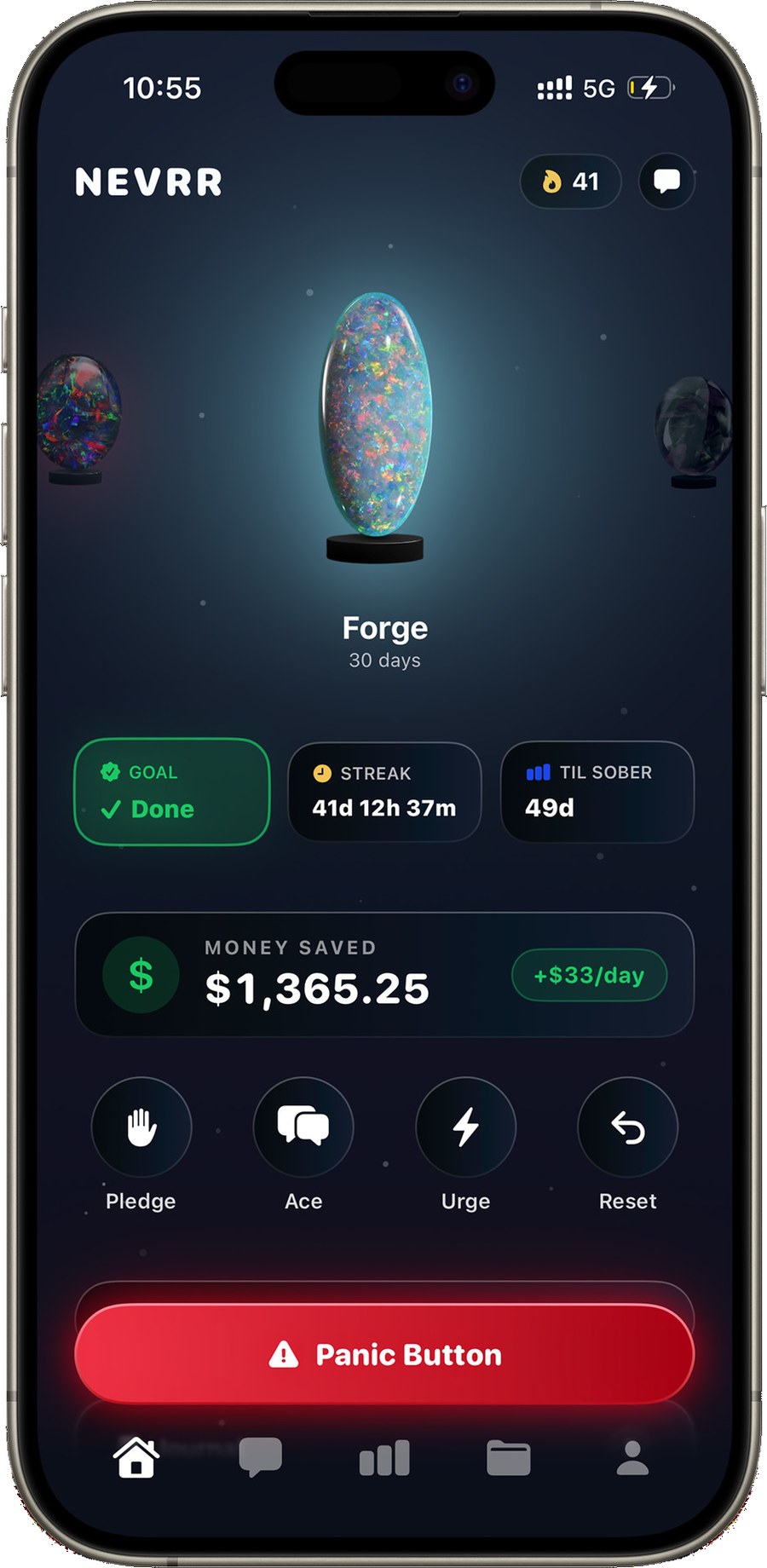 NEVRR home screen showing a glowing milestone opal, streak timer, and money saved